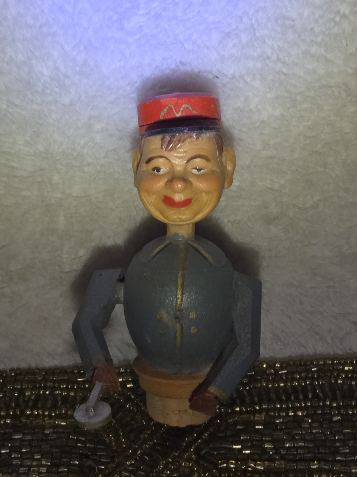 ANRI Antique Hand Carved Wood Mechanical Train Worker Bottle Cork Topper ANRI Antique Hand Carved Wood Mechanical Train Worker Bottle Cork Topper