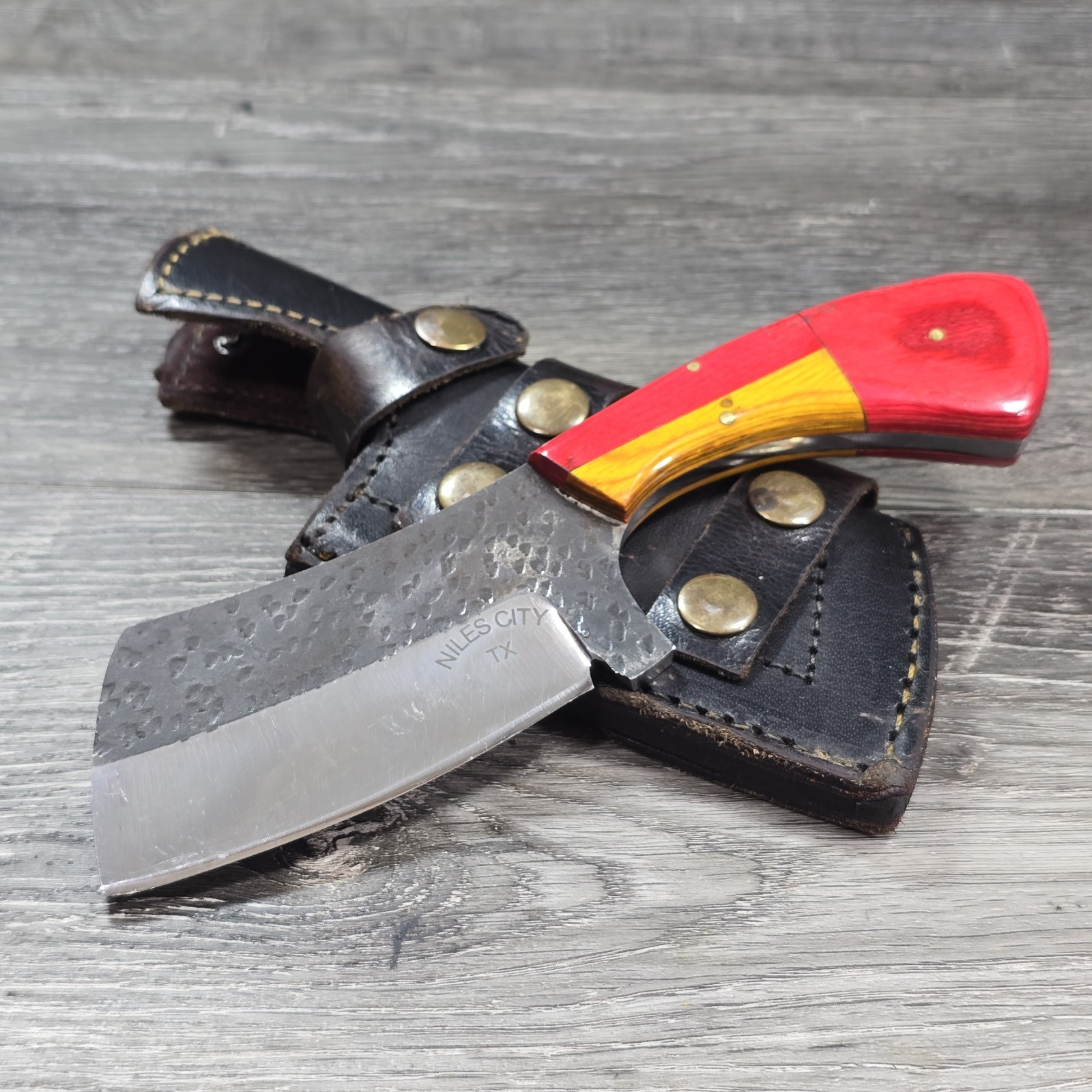 NILES CITY, TEXAS CUSTOM MADE CHOPPER TACTICAL CLEAVER KNIFE W/ CUSTOM SHEATH