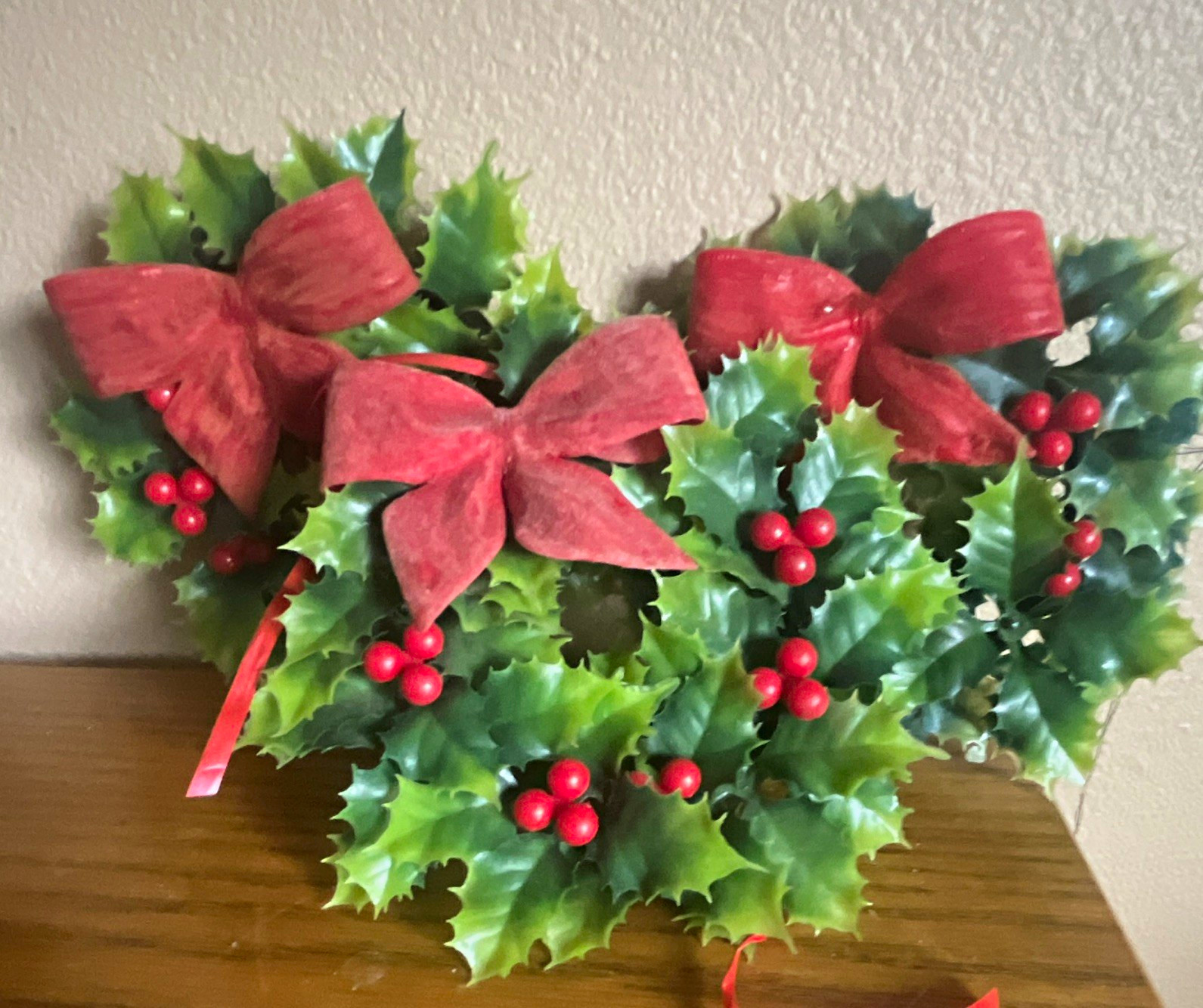 Vintage Artificial Holly Wreaths Set of 3 with Red Bows & Berries, Green/Red Vintage Artificial Holly Wreaths Set of 3 with Red Bows & Berries, Green/Red