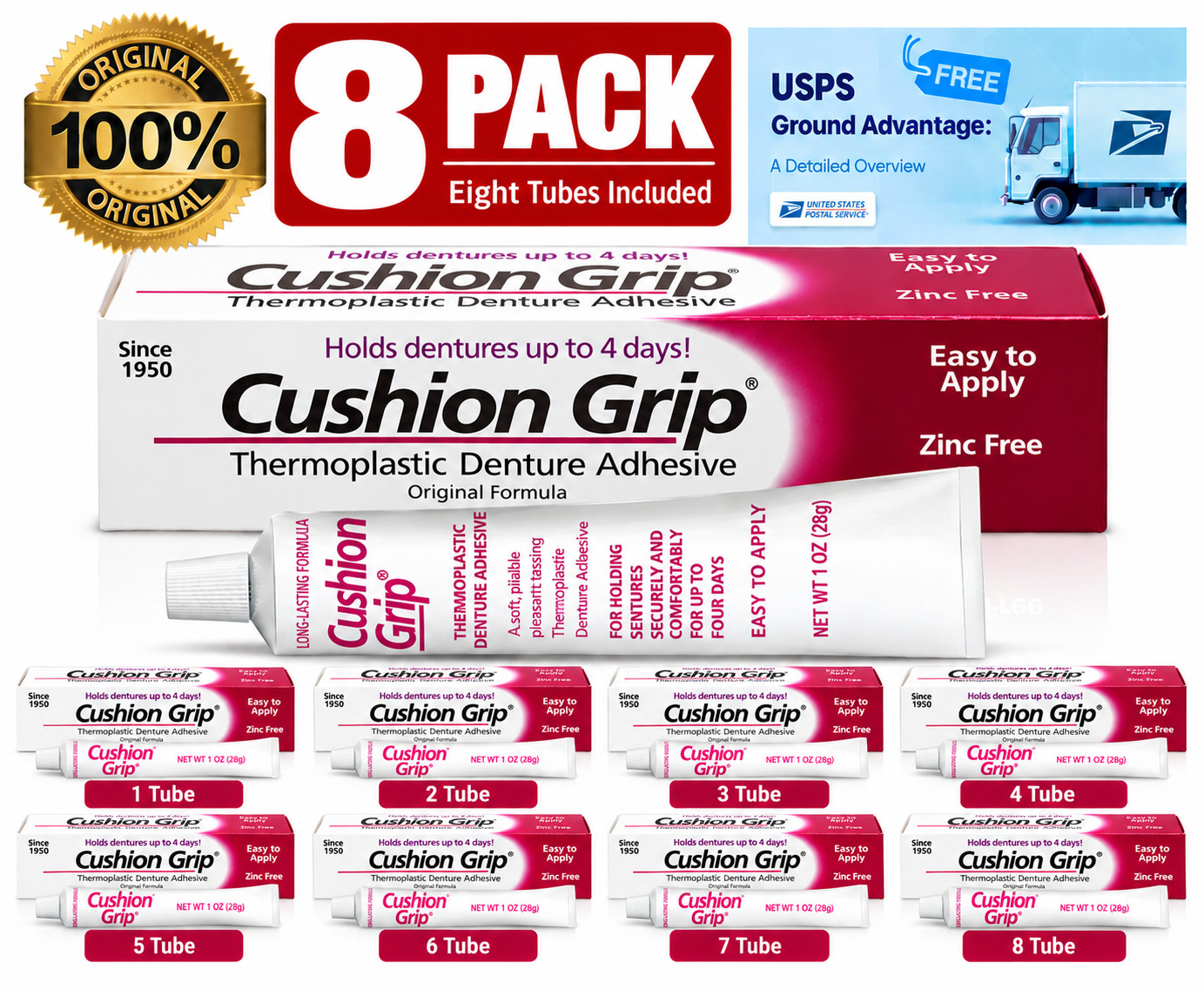 Cushion Grip Thermoplastic Denture Adhesive 1 oz, 8 Pack