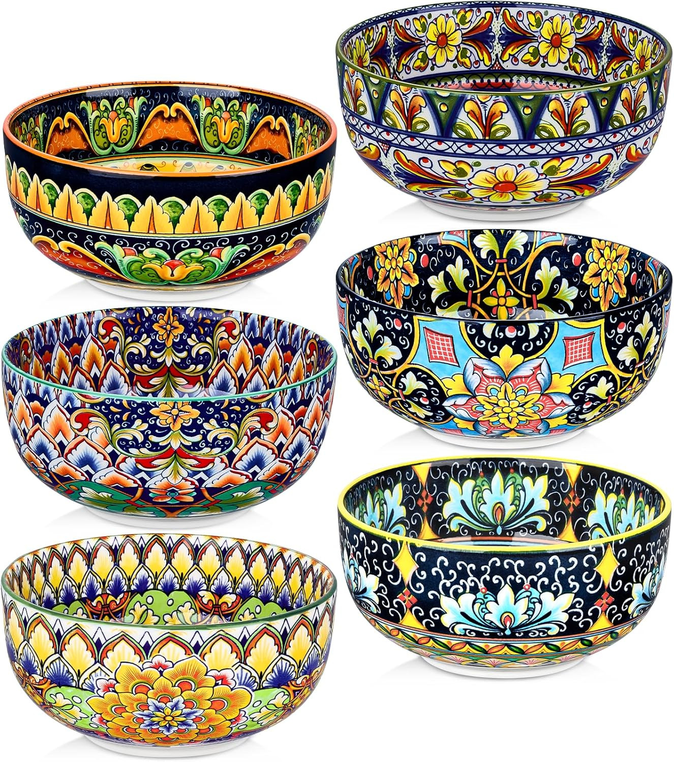 Ceramic Cereal Bowls Set of 6, 28 Oz Bohemian Soup Bowl, Colorful Bowls Set for