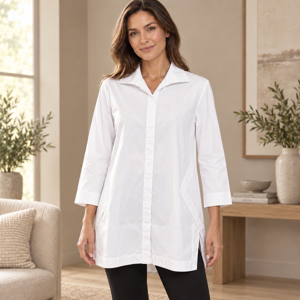 Lafayette 148 New York Marla White Hidden Placket Tunic S Quiet Luxury Blouse