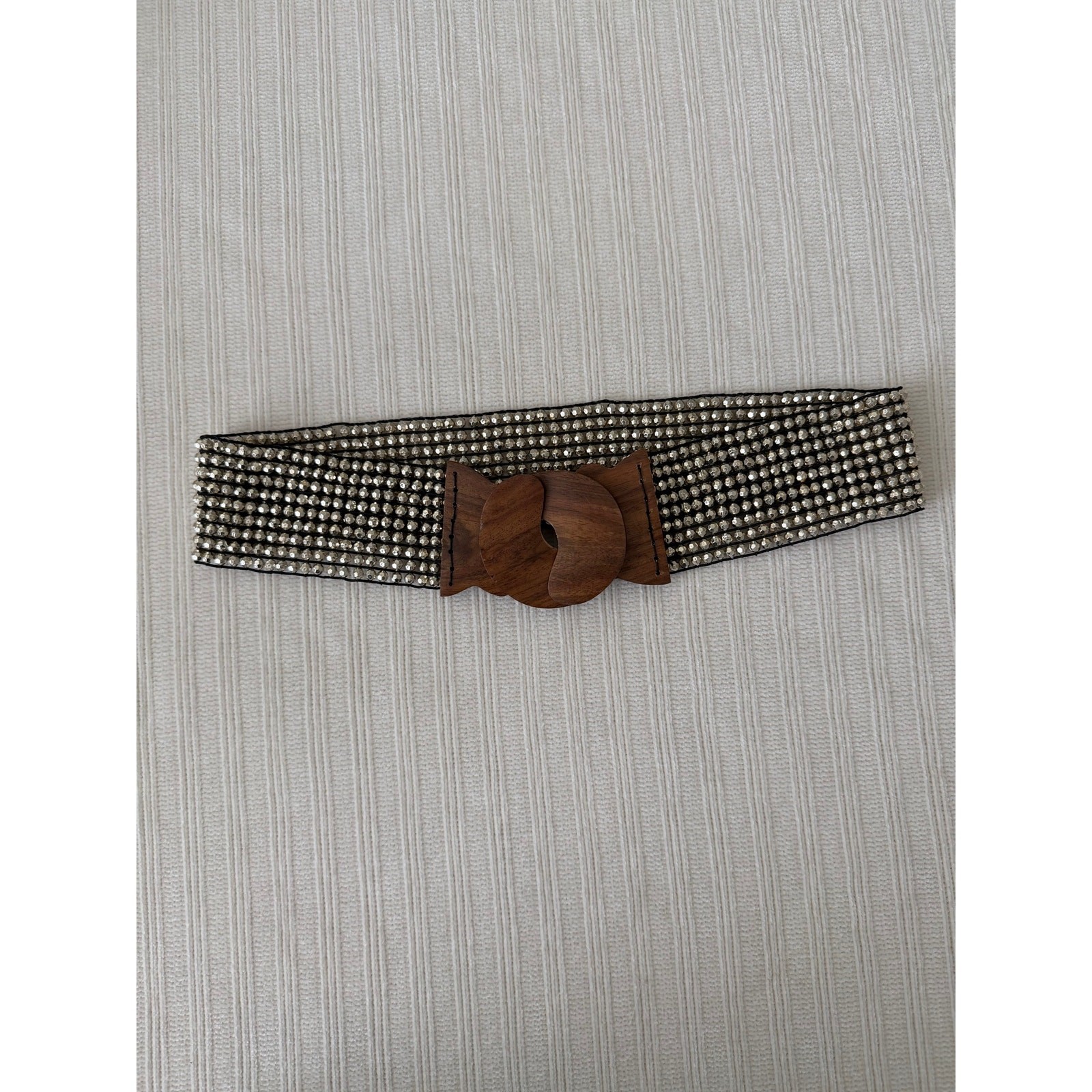 Vintage Boho Metallic Silver Glass Beaded Elastic Stretch Belt Wooden Buckle Vintage Boho Metallic Silver Glass Beaded Elastic Stretch Belt Wooden Buckle