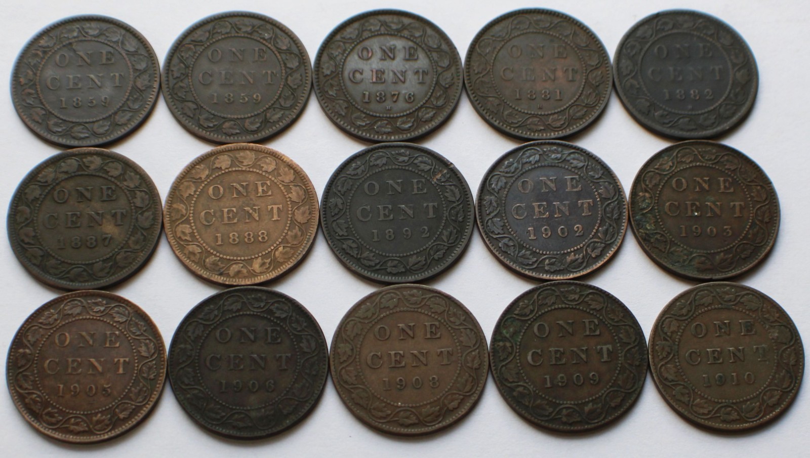 15 Canada Large Cents 1859/76-H/81-H/82-H/87/88/92, 1902/03/05/06/08/09/10