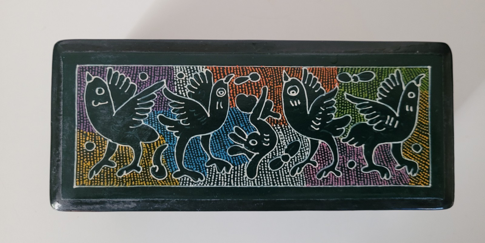 Vintage Mexican Olinala Black Lacquerware Trinket Box Animals Birds