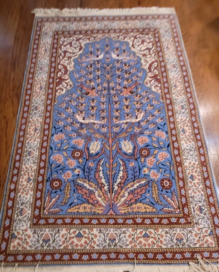 Turkish Kayseri Rug 4x 6' Approx. Vintage Blue Red Hand Knotted Wool on Cotton 