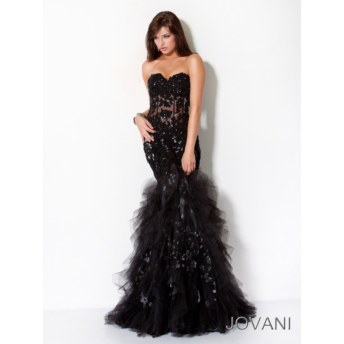Jovani Black Silver Strapless Mermaid Gown Corset Tulle Sz 0 MSRP $620