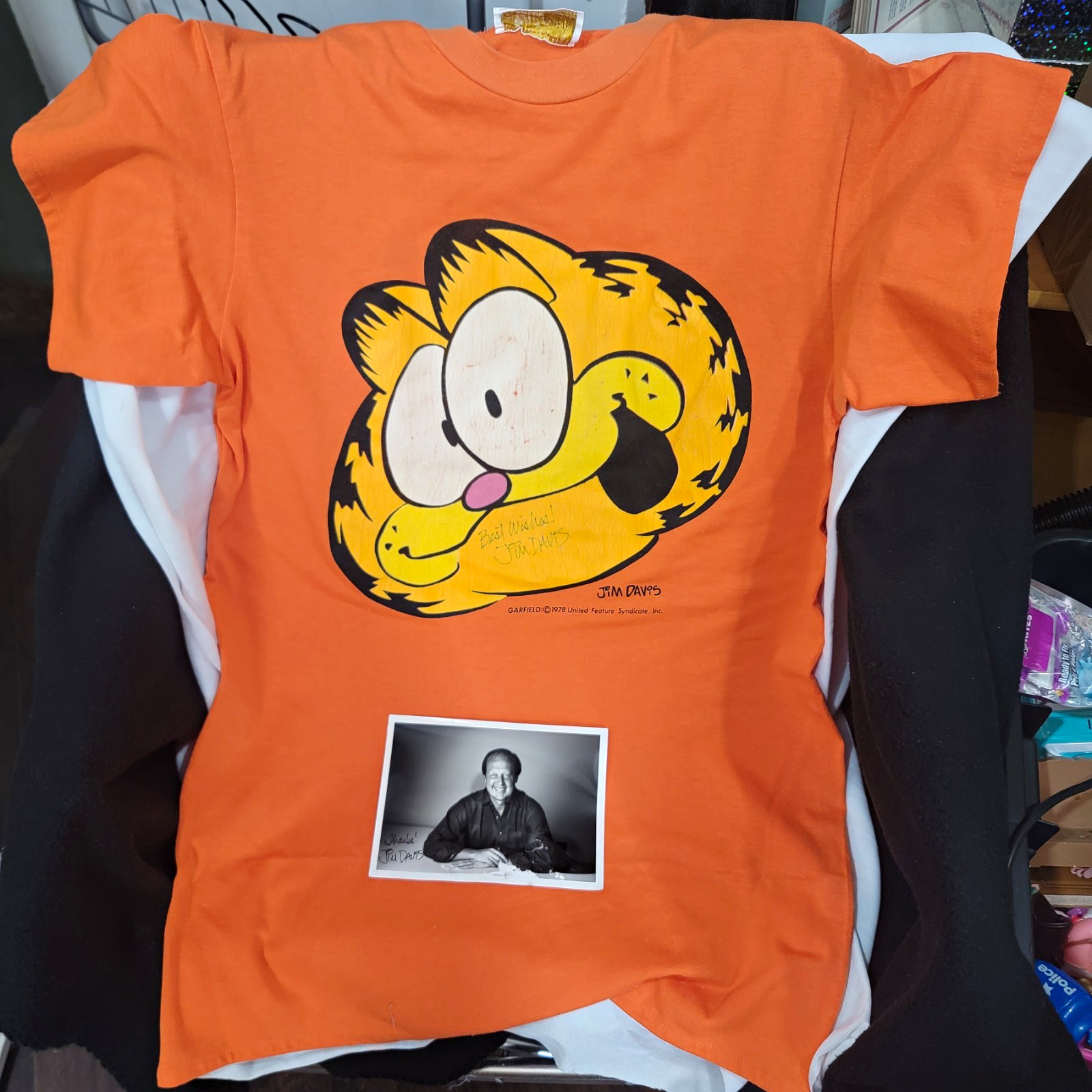Vintage 1978 Garfield Orange Graphic Print Tee Men\'s L Signed+Signed Photo