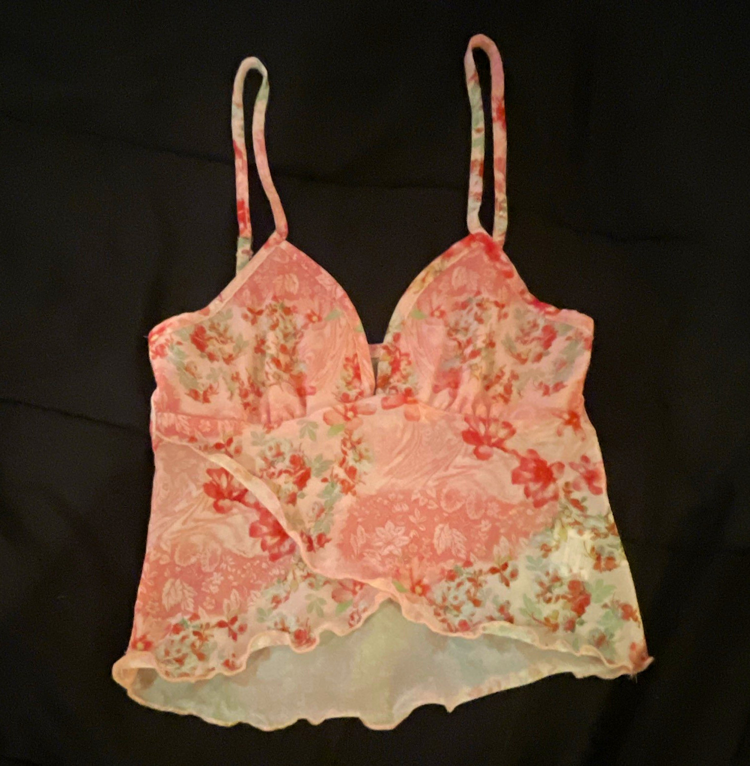 Women’s Floral Mesh Sheer Camisole Pink/Multicolor Spaghetti Straps Size XS Women’s Floral Mesh Sheer Camisole Pink/Multicolor Spaghetti Straps Size XS