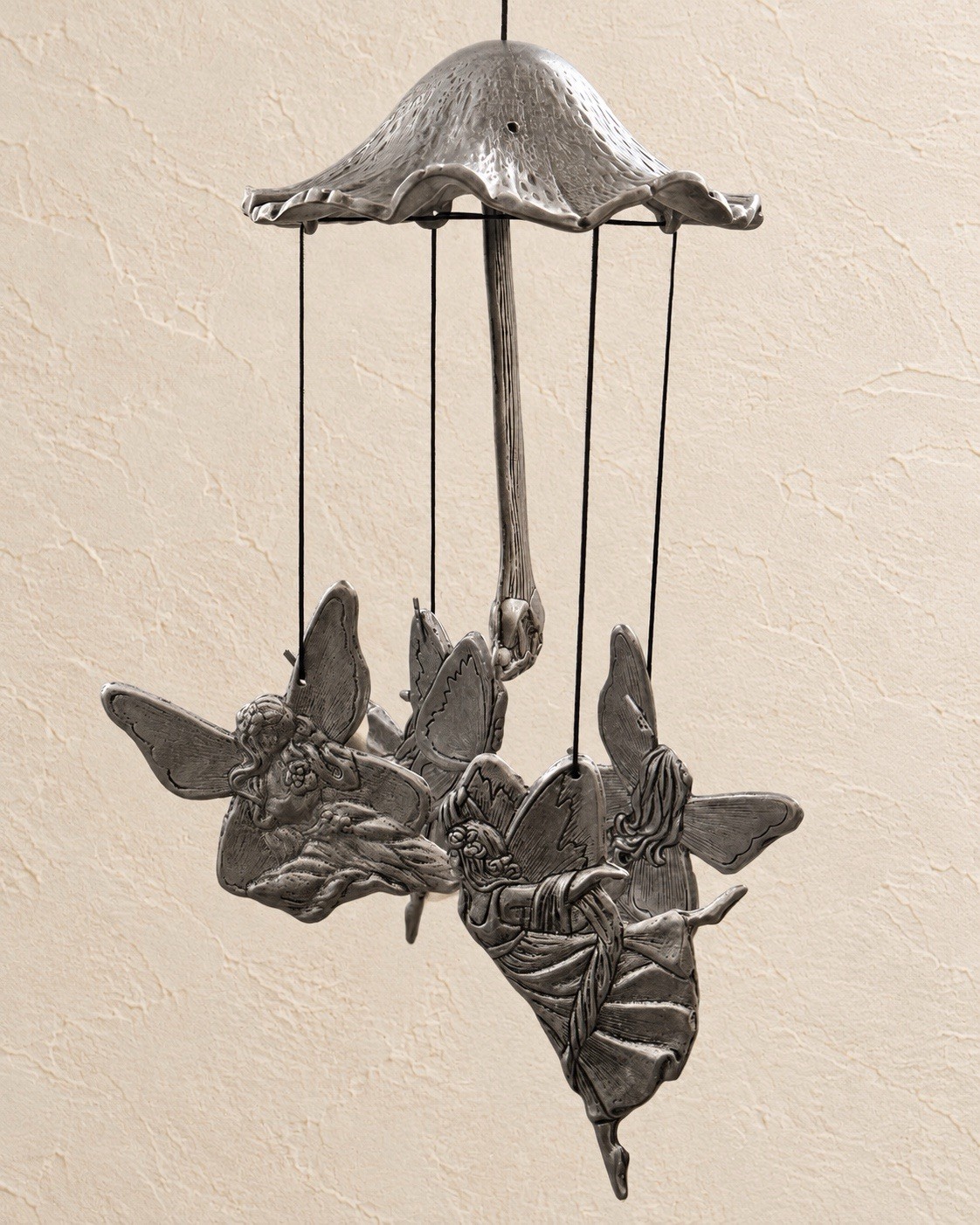 Rare 1980s Pewter Fairy Mushroom Wind Chime Original String Vintage Decor