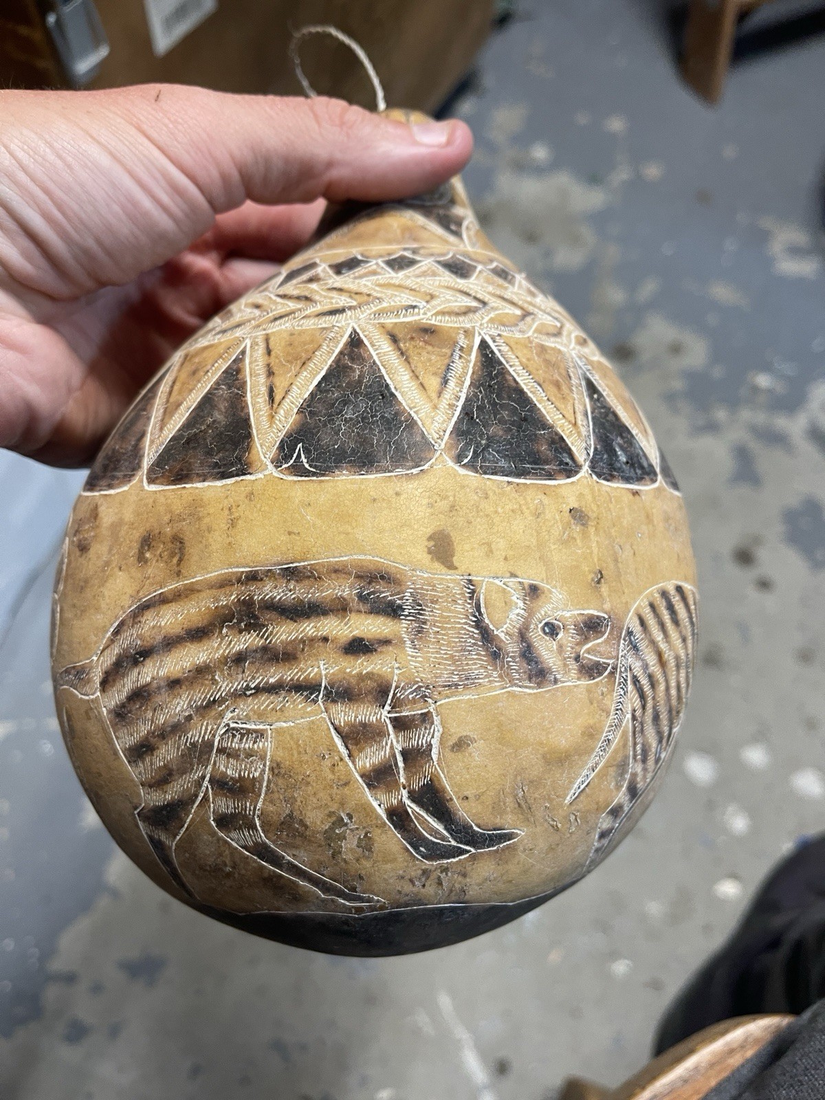 Vintage African Calabash Gourd Carved Etched Patterns Hyenas Flowers  Animals
