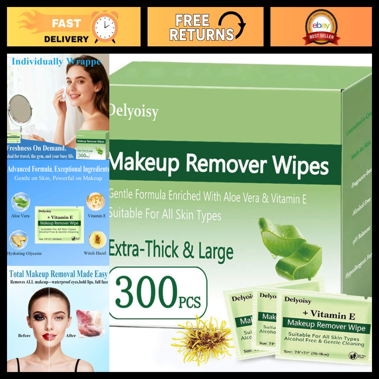 300 Makeup Remover Wipes Bulk Pack, Individually Wrapped, Travel Size, Soft & Ge