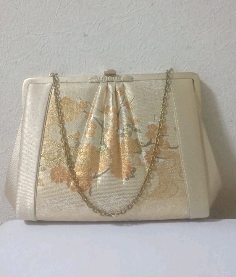 Vintage Japanese Kimono Clutch Bag Gold Brocade Floral Evening Purse Kiss Lock
