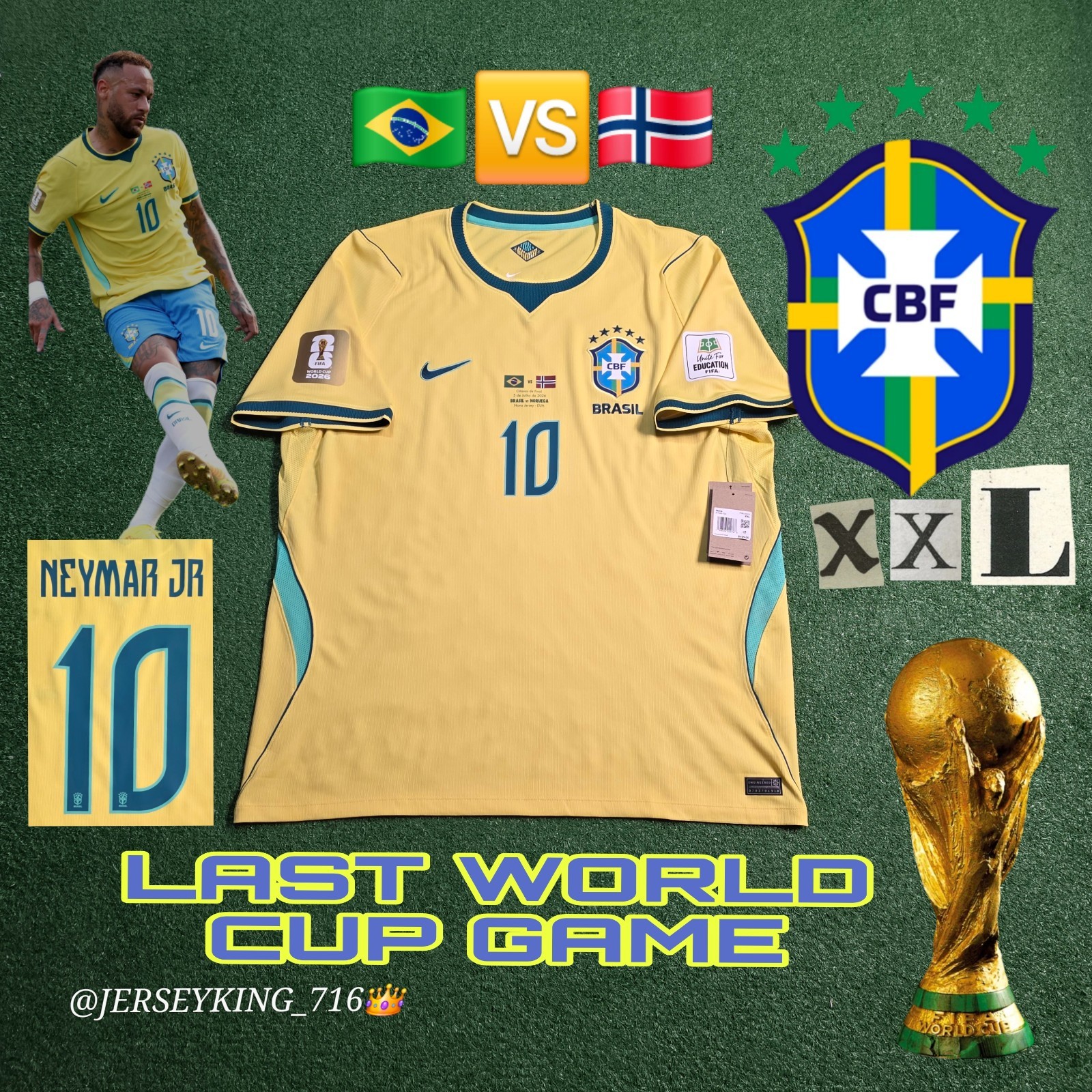 NIKE Brazil National Team Neymar Jr #10 2026 World Cup Home Jersey  Vs Norway 