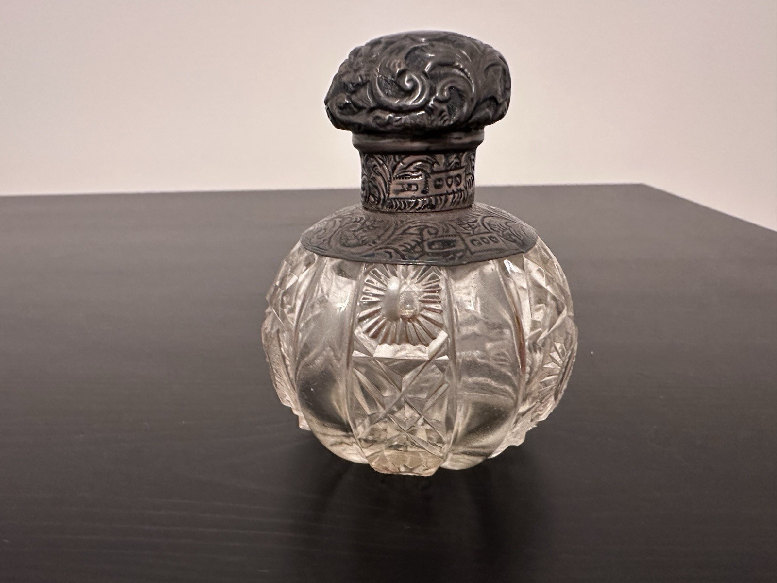 Antique Perfume Bottle Crystal Stopper Repousse Sterling Silver