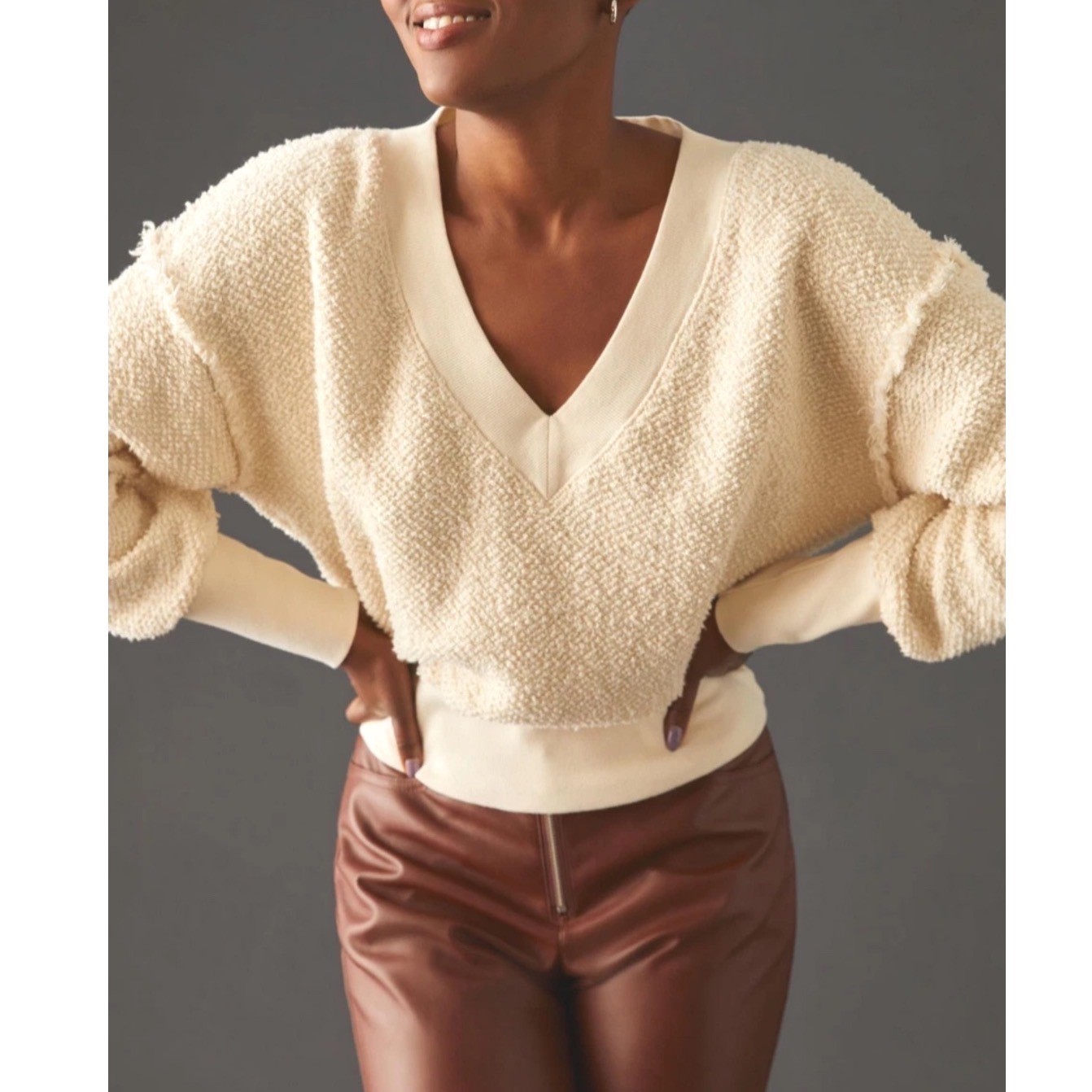T.La Anthropologie Zuri V-Neck Sweatshirt Women Medium Ivory Popcorn Boucle Raw