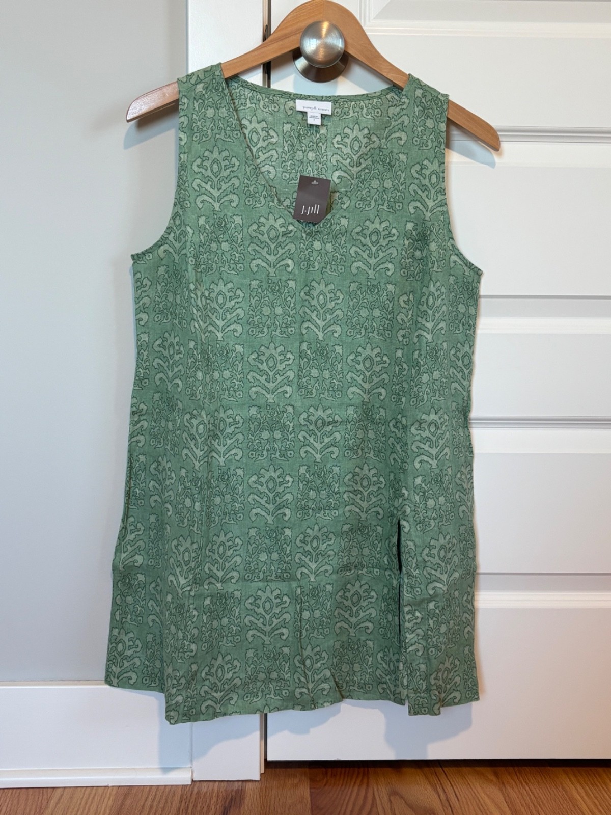 Pure Jill Elements Sleeveless Light Green V Neck Tunic Print Top Sz S 100% Linen