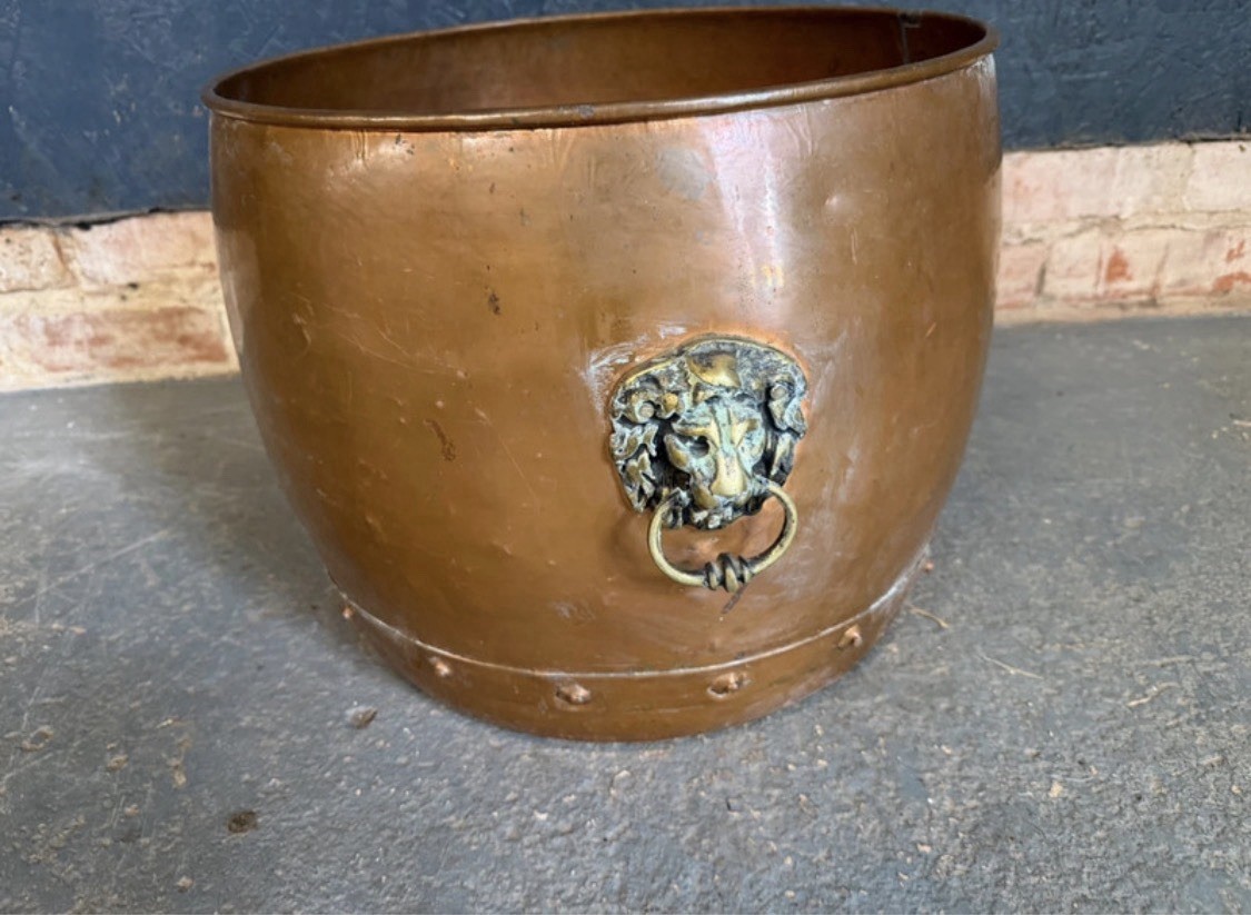 Antique 19th Century Arts & Crafts Copper Lions Head Log Bucket Planter