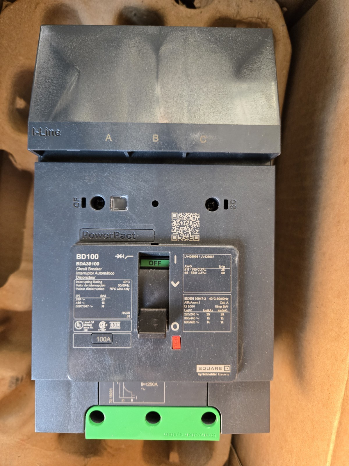 Square D Schneider Electric PowerPact BDA36100 100A 3-Pole Circuit Breaker