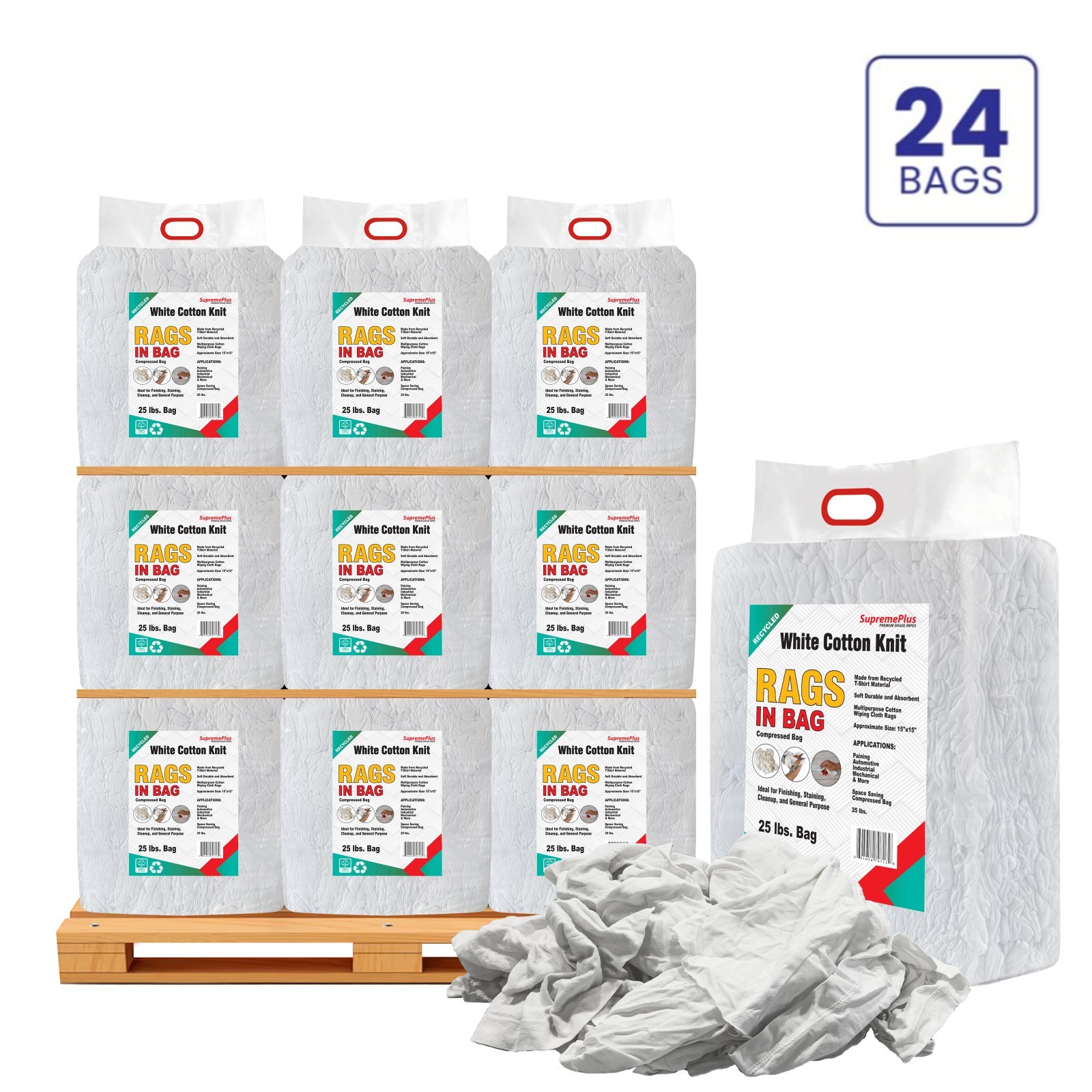 White Knit Cotton T-Shirt Rags 600 LB Pallet 24x25 LB Bags- Cleaning Cloths