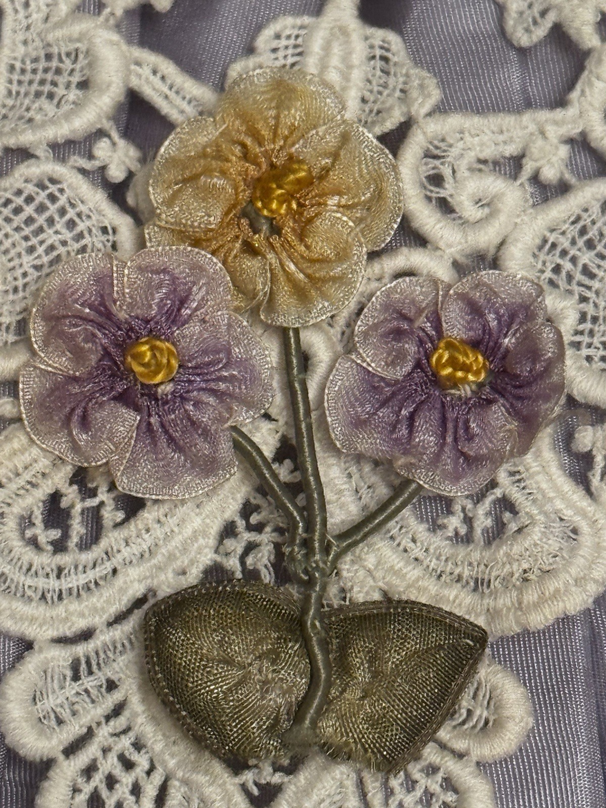 Antique 1920s Ombre Ribbonwork 3 Flowers and stems Authentic Original