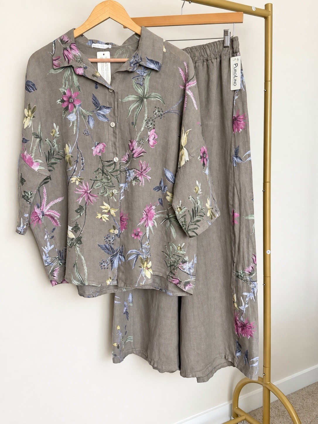 Made in Italy Women’s 100% Linen Floral 2 Piece Set Top Wide Leg Pants
