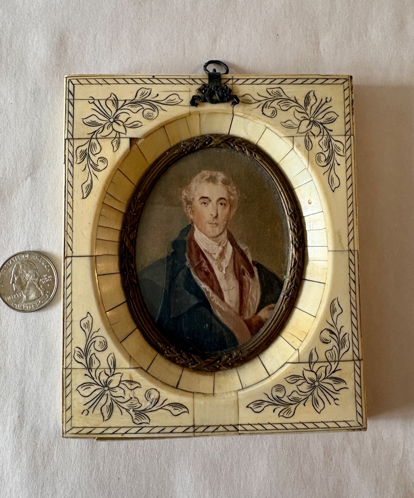 Antique 19TH Century EUROPEAN Painted Miniature  Portrait in Faux Ivory Frame