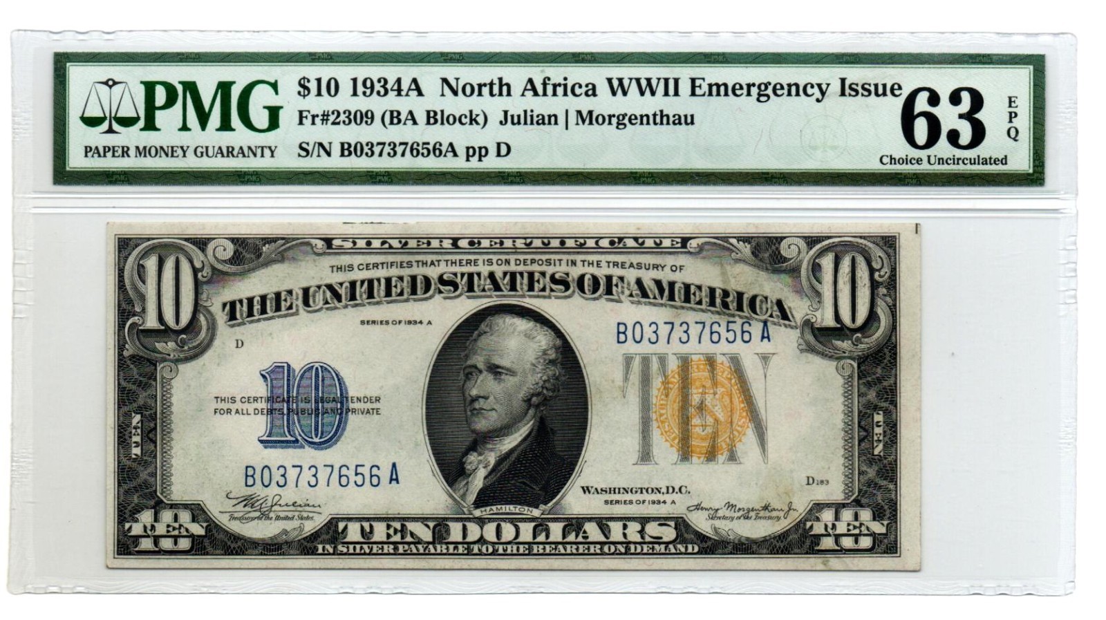 Fr. 2309 $10 1934A North Africa Silver Certificate. PMG Choice Unc 63 EPQ
