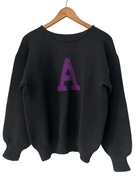 Vintage RecKnit Letterman Sweater Black Purple A Wool Varsity Made in USA Maine