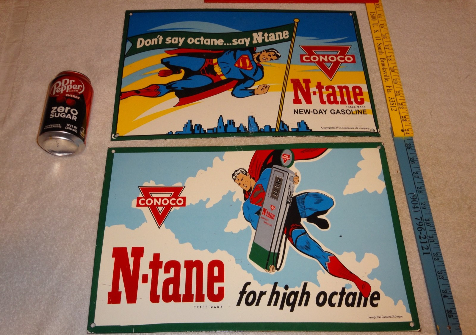VINTAGE SUPERMAN CONOCO GASOLINE & OIL PUMP PORCELAIN SIGN LOT OF 2 ADVERTISING
