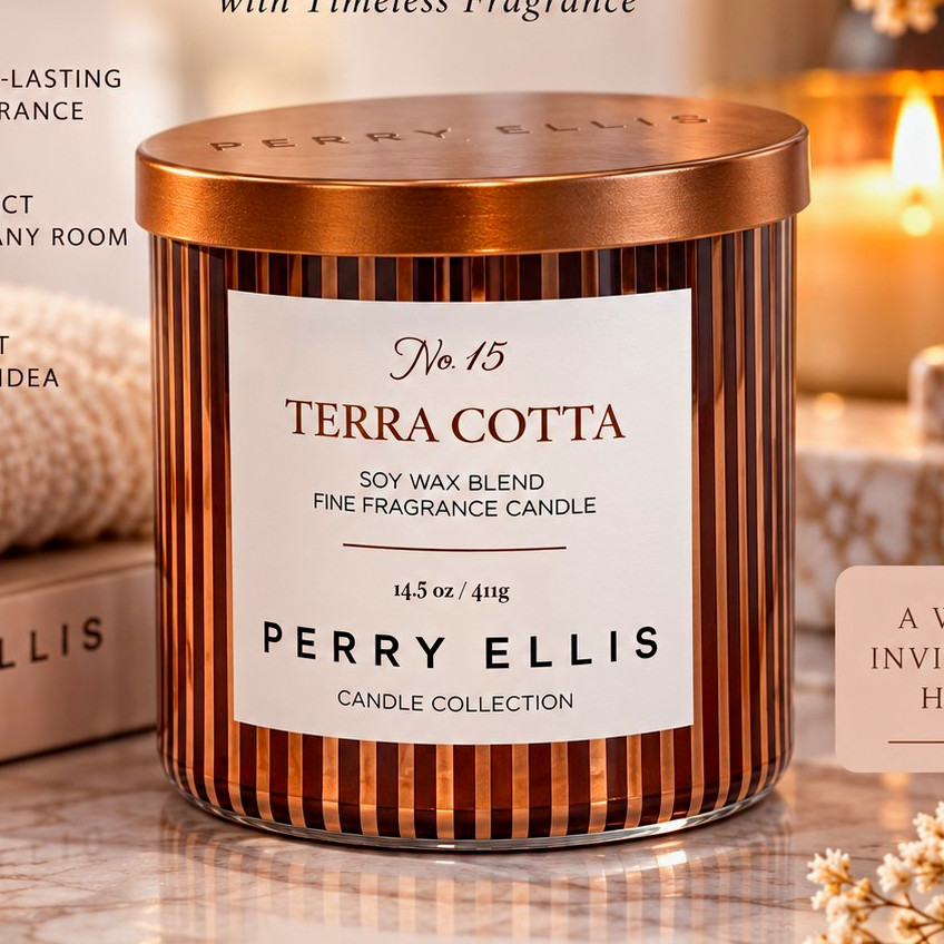 Perry Ellis Terra Cotta Scented 14.5 oz Large Jar Candle Soy Wax Blend Brown