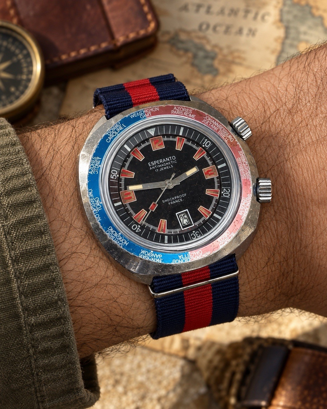 Vintage Esperanto World Time 17J Manual Wind 43mm French Watch 1970s Jumbo Gmt