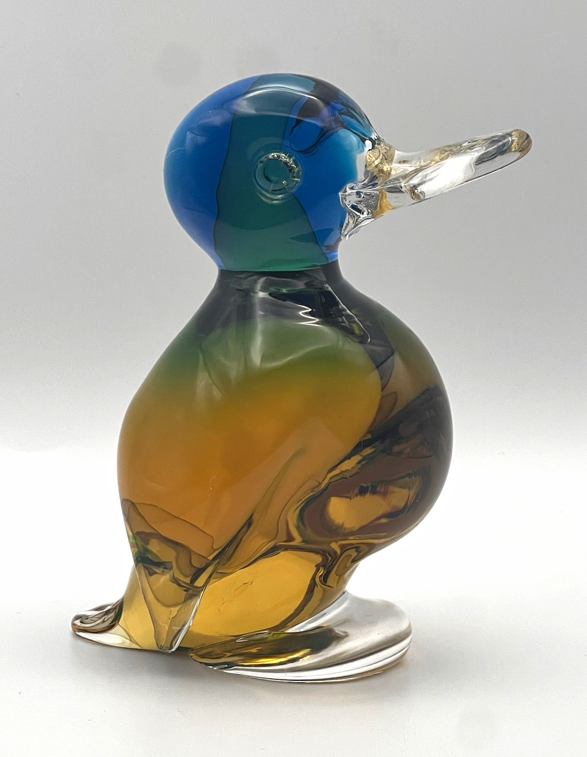Barbini Murano Glass Duck Figurine Blue Green Amber Clear Glossy 4.75”H 1.75”W