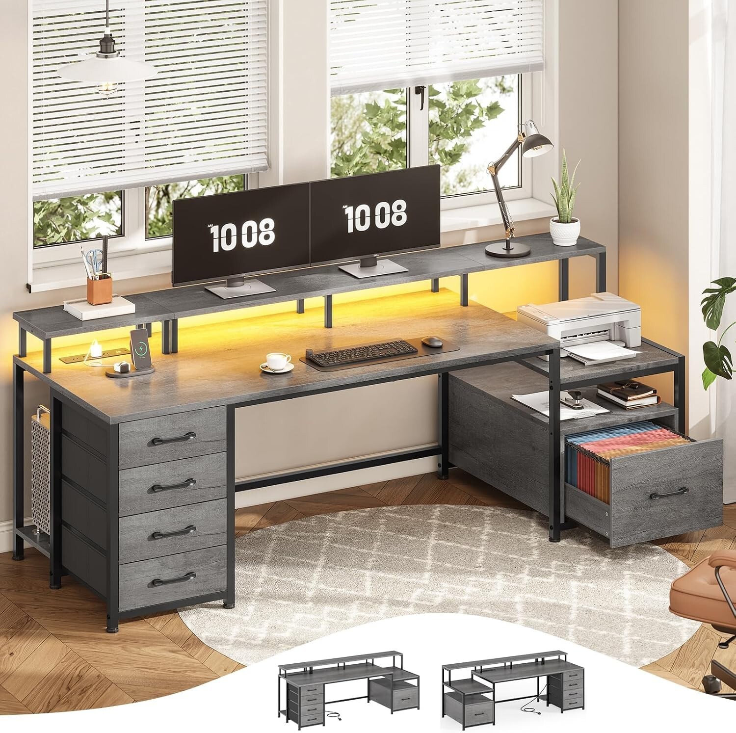 75\'\' Computer Desk with 5 Drawers &Led Lights, 23.6\