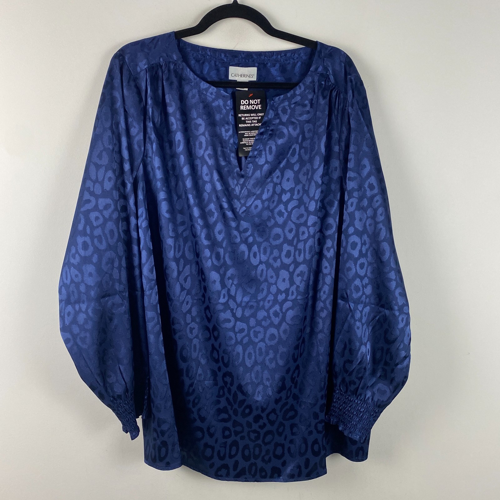 Catherines Satin Jacquard Peasant Blouse Size 2X Navy Animal Print Popover
