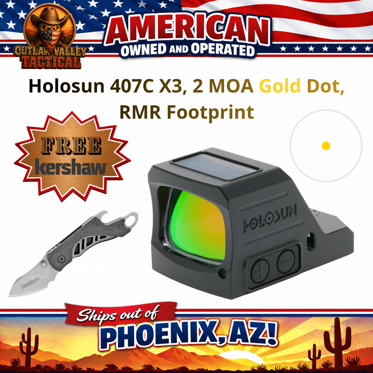 Holosun 407C X3 Open Pistol Sight 2 MOA Gold Dot, RMR Footprint + FREE Kershaw