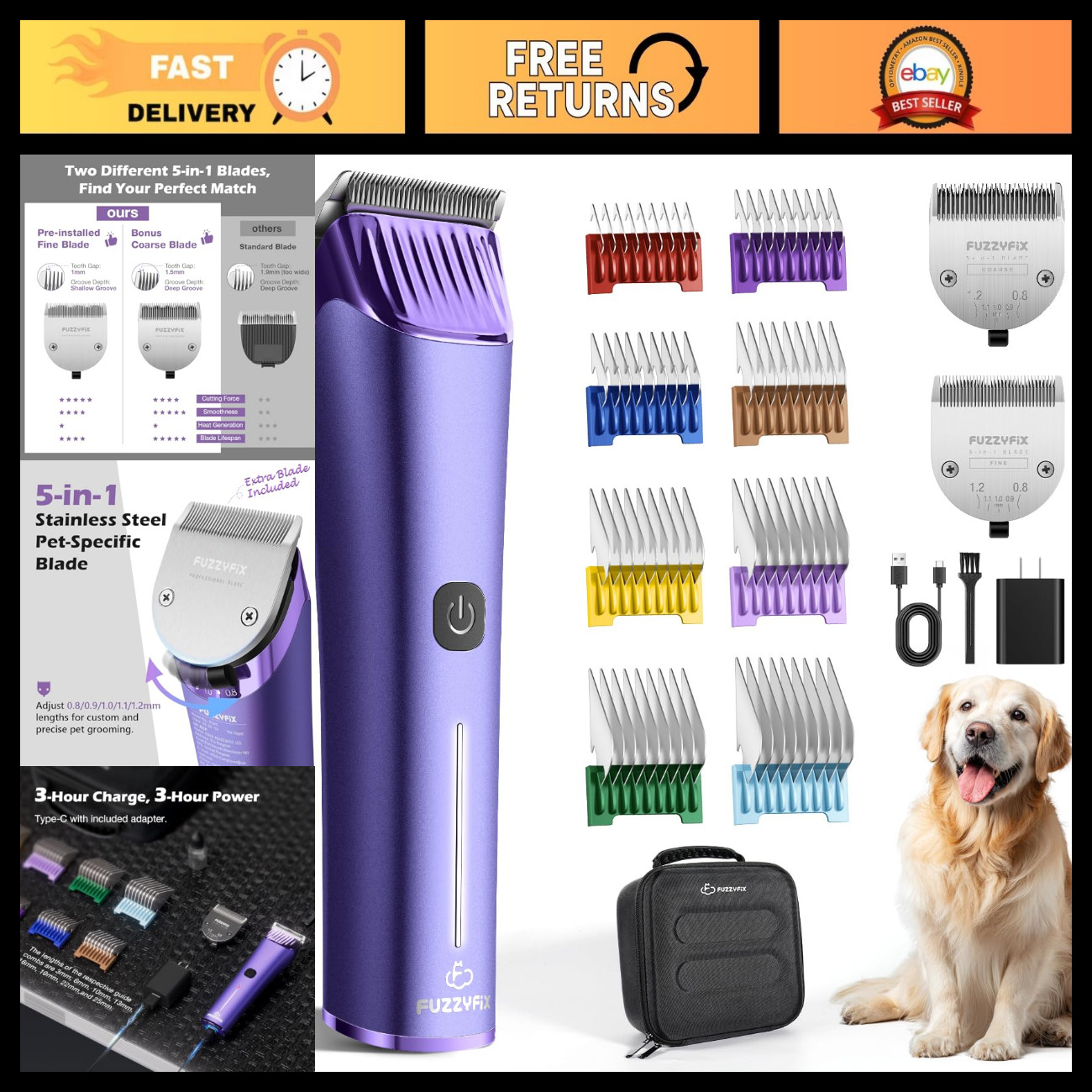 5-in-1 Dog Grooming Clipper Set - Professional Pet Hair Trimmer with Replacement