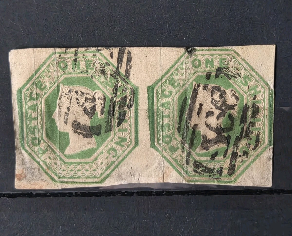 GB QUEEN VICTORIA SG 55 1S GREEN EMBOSSED X PAIR USED, SCARCE 