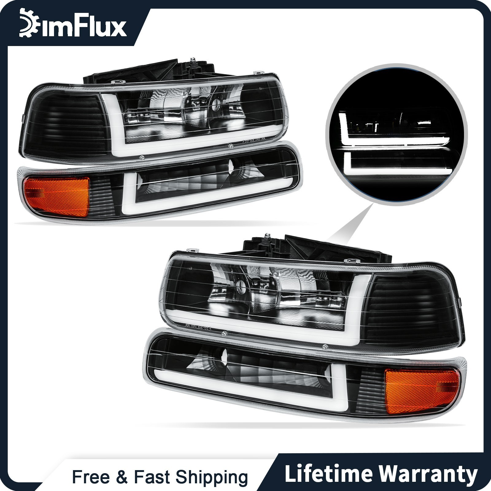 DimFlux LED DRL Headlights for 1999-2002 Chevy Silverado 1500/HD  2500/HD