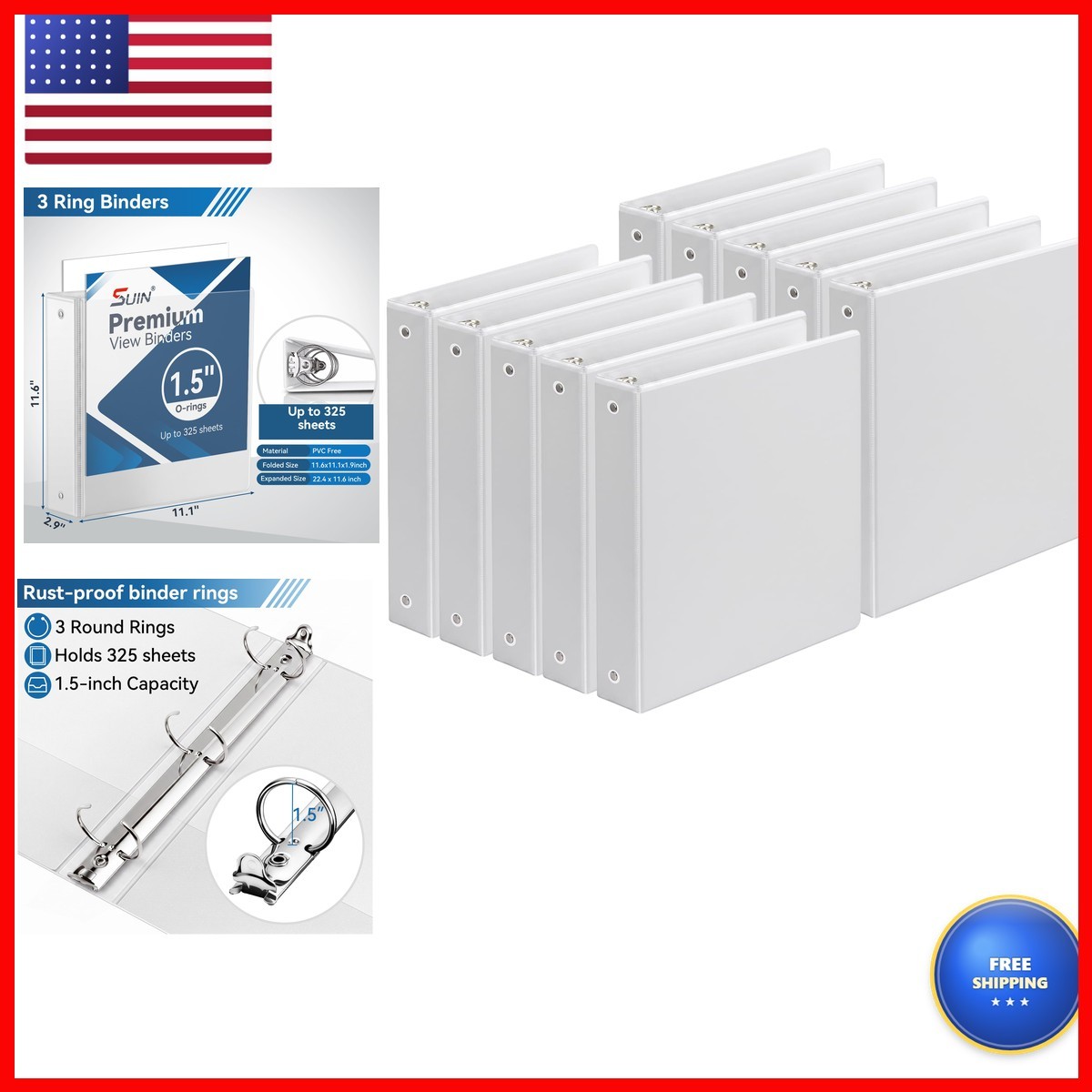 SUIN Durable 1.5 Inch 3 Ring Binder, 10 Pack White Round Ring Binders 8.5 x 11