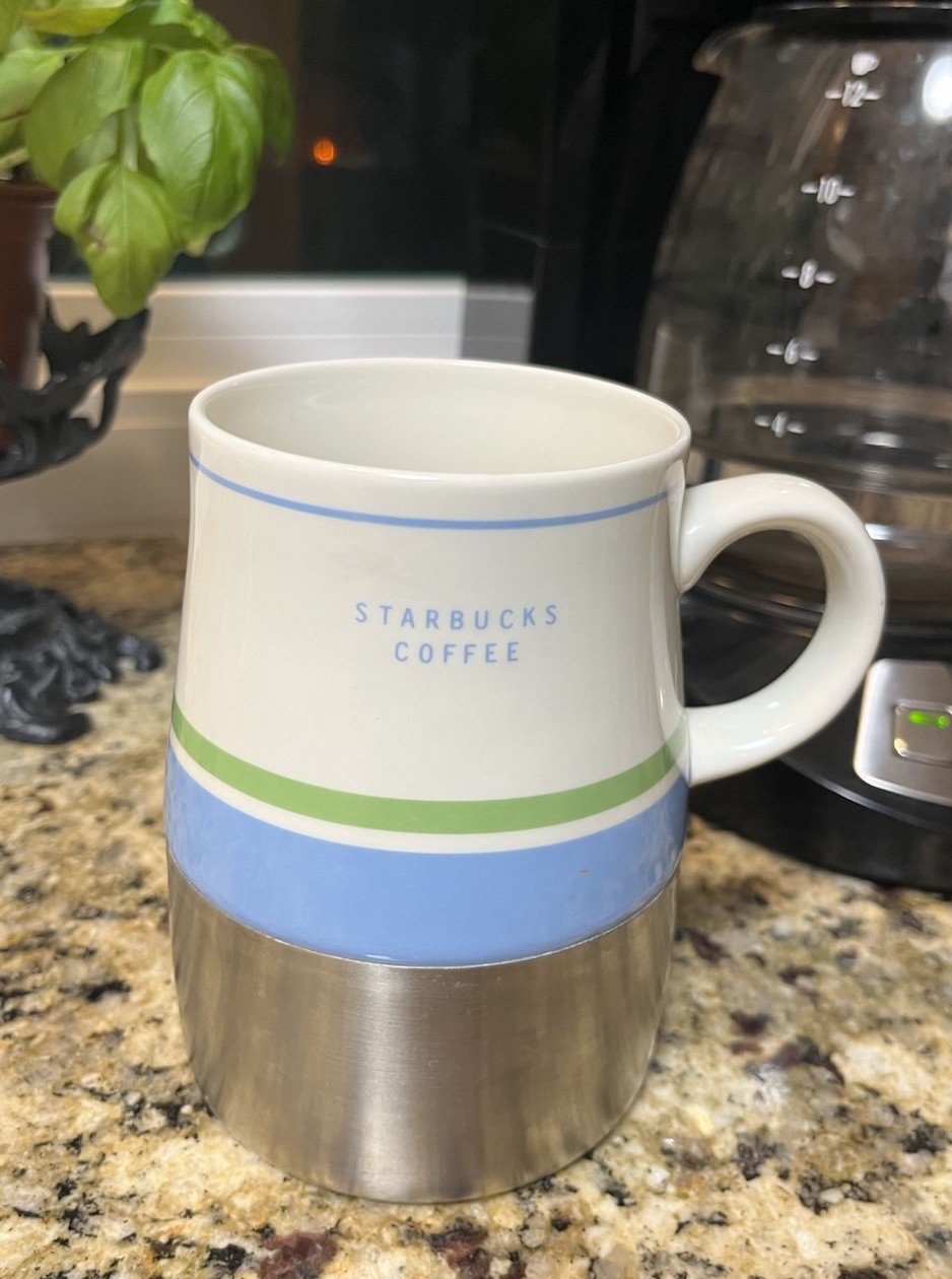 Starbucks 2005 Ceramic Mug with Stripes Weighted Stainless Steel Bottom