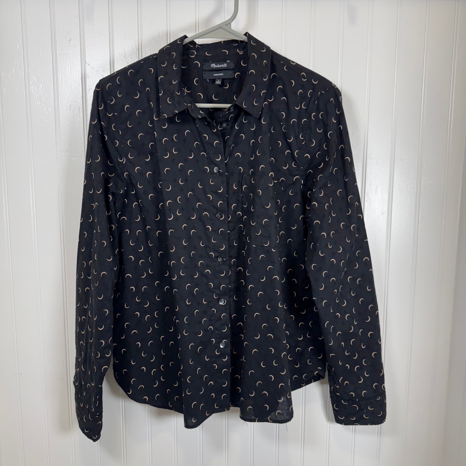 Madewell Shrunken Women\'s Black Button-Up Shirt Crescent Moon 100% Cotton Large Madewell Shrunken Women\'s Black Button-Up Shirt Crescent Moon 100% Cotton Large