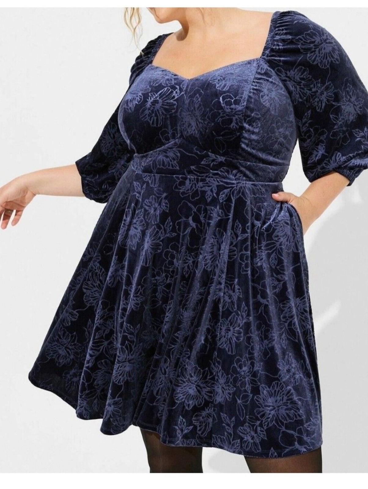 NWT Torrid Embossed Floral Velvet Sweetheart Peplum Dress Blue 2X NWT Torrid Embossed Floral Velvet Sweetheart Peplum Dress Blue 2X