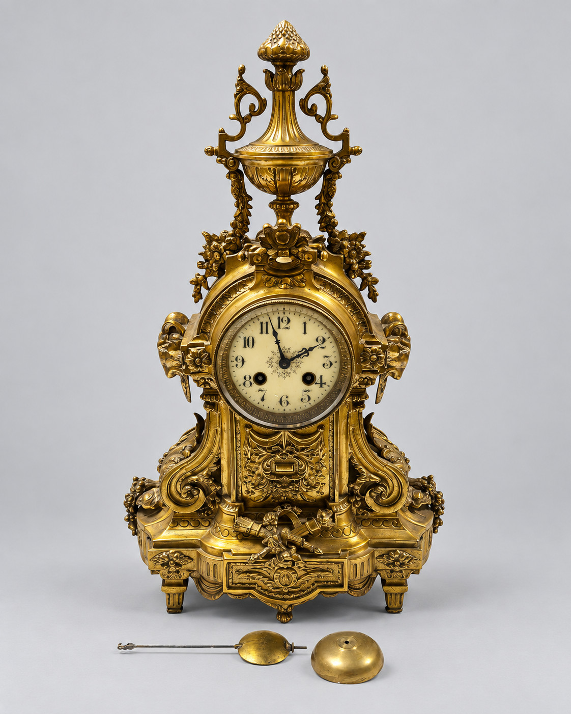 Antique French Rococo Brass Gilt Mantel Clock 1900s Baroque Louis XVI Style
