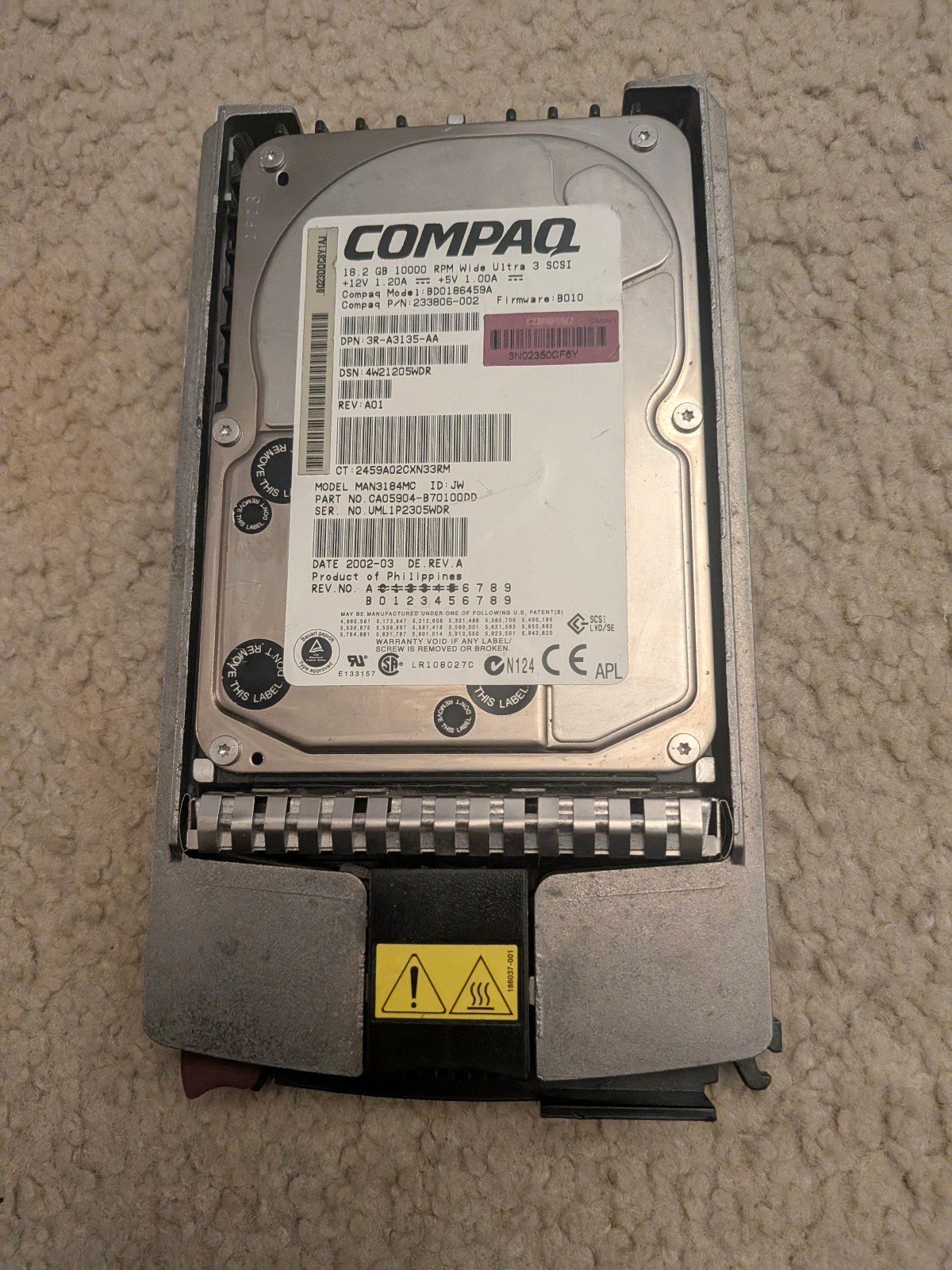 Compaq 18.2GB SCSI - 3R-A0927-AA BD0186459A 10K 3.5\'\' MAN3184MC