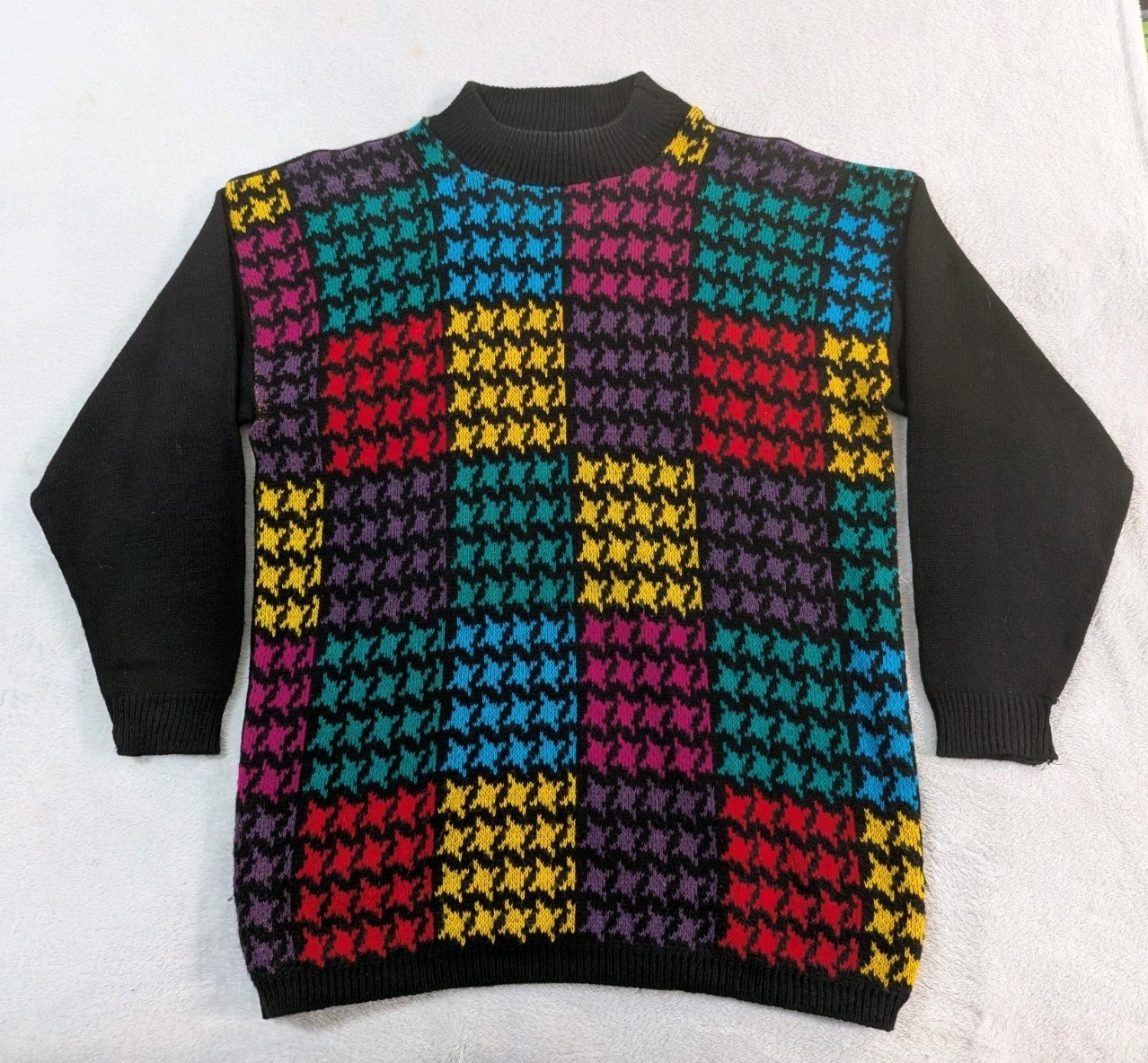 Vtg 80s American Pride Rainbow Houndstooth Sweater Men\'s Sz L Made In USA 