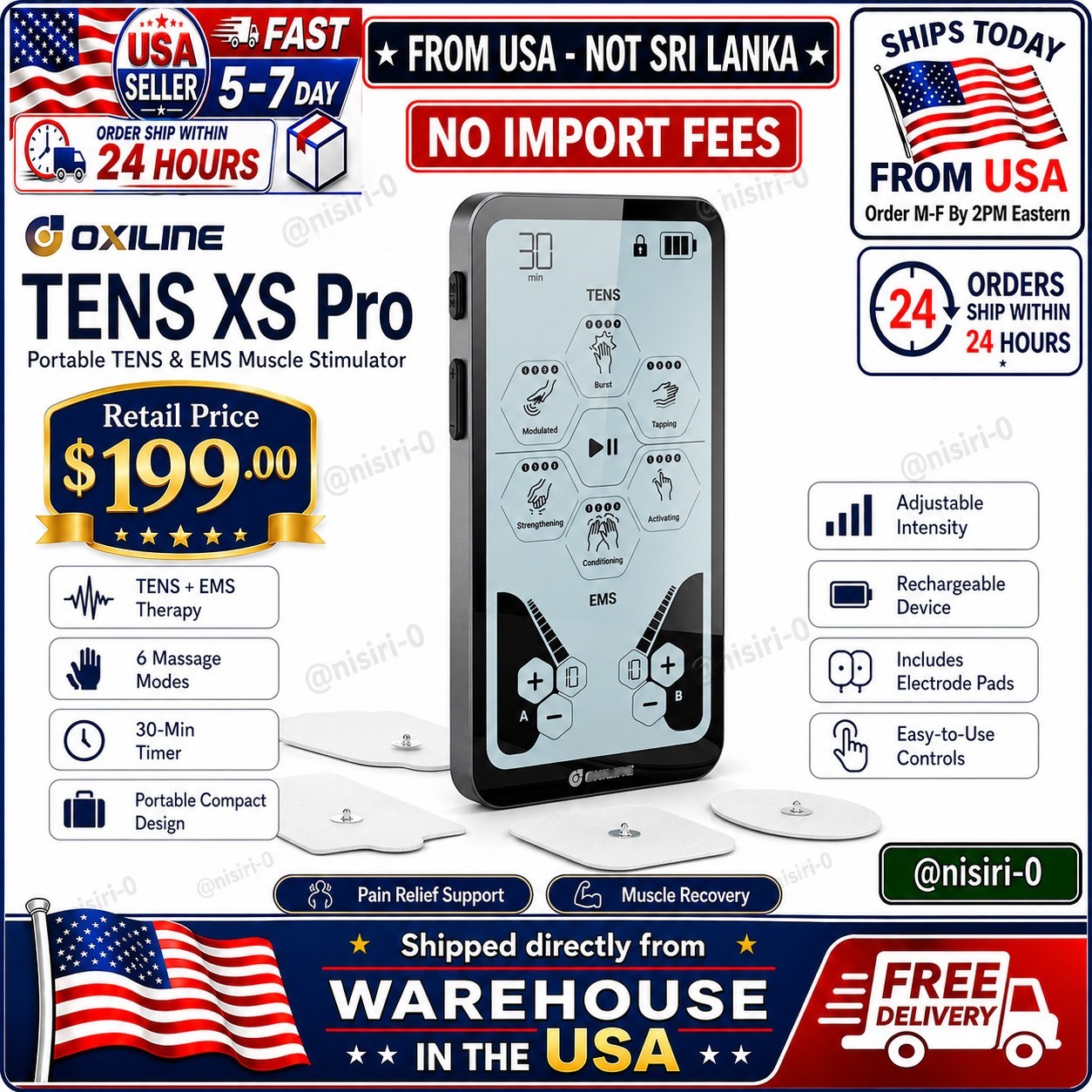 0xiline TENS XS Pro TENS EMS Unit Dual Channel Touchscreen 24 Modes 🚚From uSA🚚