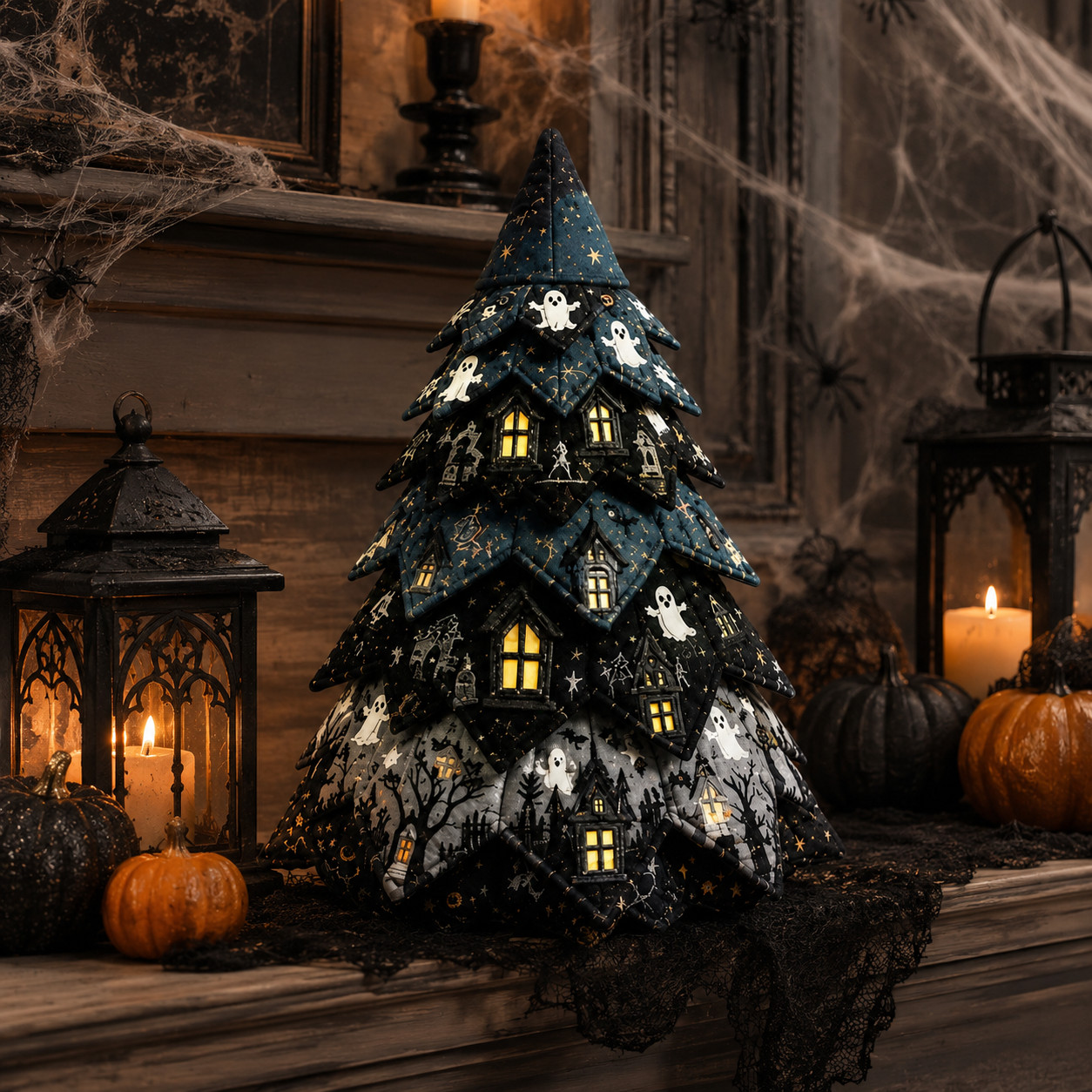 Haunted House Quilted Tree Decor, Halloween Ghost Fabric Tabletop Ornament