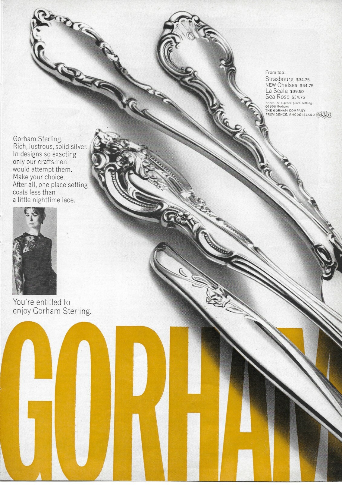 1966 Gorham Sterling Silver Strasbourg Chelsea Original Vintage Print Ad 