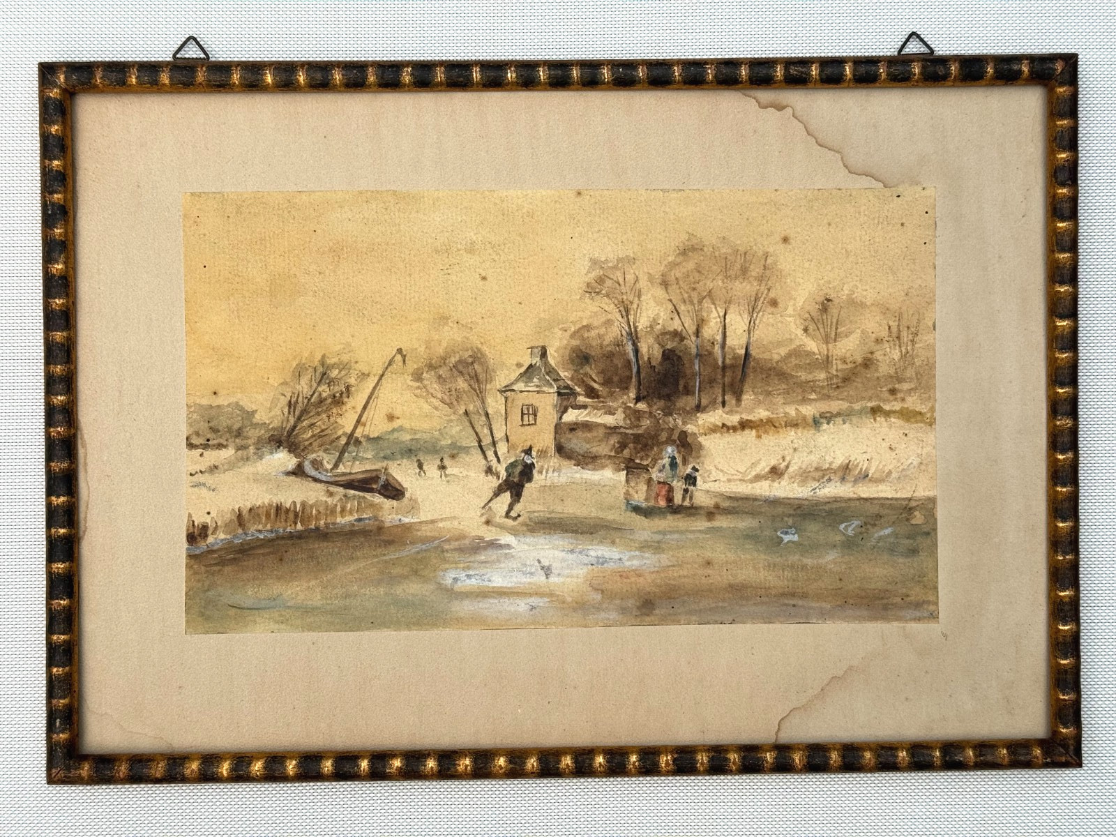 J FLECK SIGNED OLD ANTIQUE GERMAN WATERCOLOR PAINTING ICE SKATING STADT BRUCHSAL